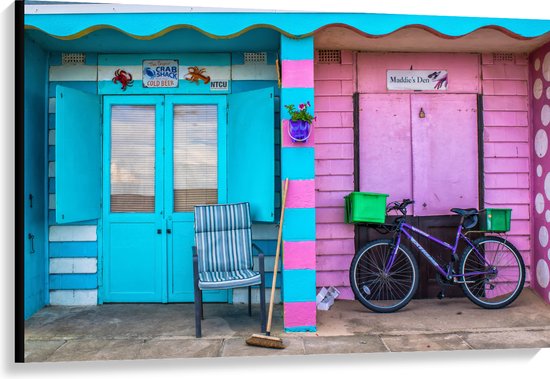 WallClassics - Canvas  - Blauw en Roze Strandhuisjes - 120x80 cm Foto op Canvas Schilderij (Wanddecoratie op Canvas)