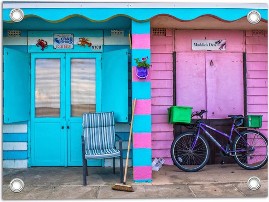 WallClassics - Tuinposter – Blauw en Roze Strandhuisjes - 40x30 cm Foto op Tuinposter  (wanddecoratie voor buiten en binnen)