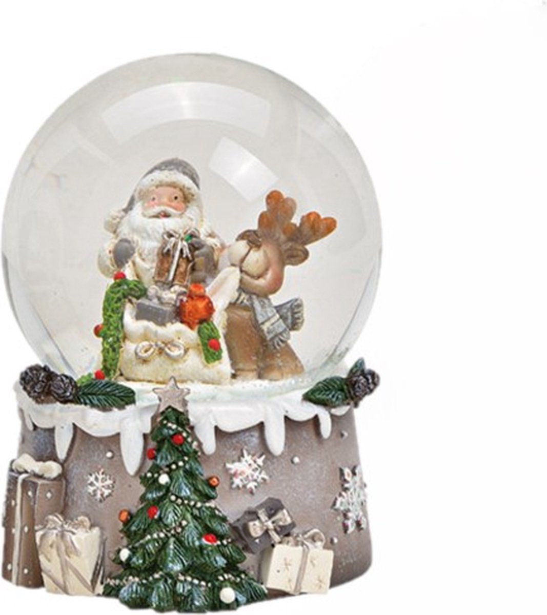 Sneeuwbol Kerstman en rendier met zak vol pakjes op kunstig versierde sokkel met kerstboom en pakjes 6,5x8,5cm
