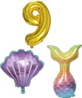 Zeemeermin - Feestversiering - Zeemeermin versiering - 9 jaar - Ballonnen - Cijferballonnen - Zeemeerminstraat - Schelp - Folieballon - Kleine Zeemeermin - Ballonnen - Verjaardag decoratie - Verjaardag versiering - Ballonnen goud