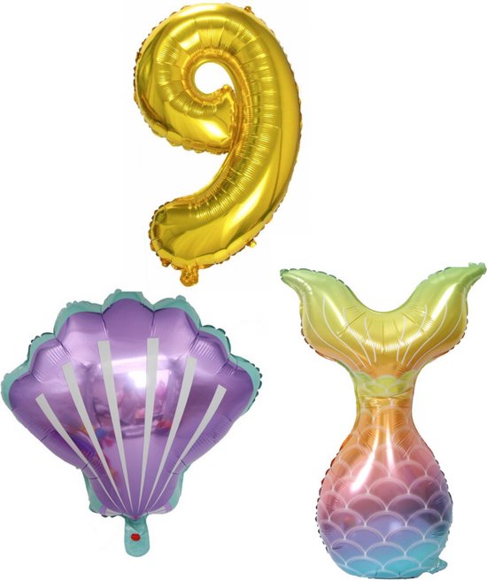 Zeemeermin - Feestversiering - Zeemeermin versiering - 9 jaar - Ballonnen - Cijferballonnen - Zeemeerminstraat - Schelp - Folieballon - Kleine Zeemeermin - Little Mermaid -  Ballonnen - Verjaardag decoratie - Verjaardag versiering - Ballonnen goud