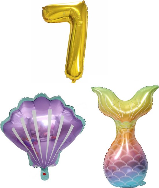 Zeemeermin - Feestversiering - Zeemeermin versiering - 7 jaar - Ballonnen - Cijferballonnen - Zeemeerminstraat - Schelp - Folieballon - Kleine Zeemeermin - Little Mermaid -  Ballonnen - Verjaardag decoratie - Verjaardag versiering - Ballonnen goud