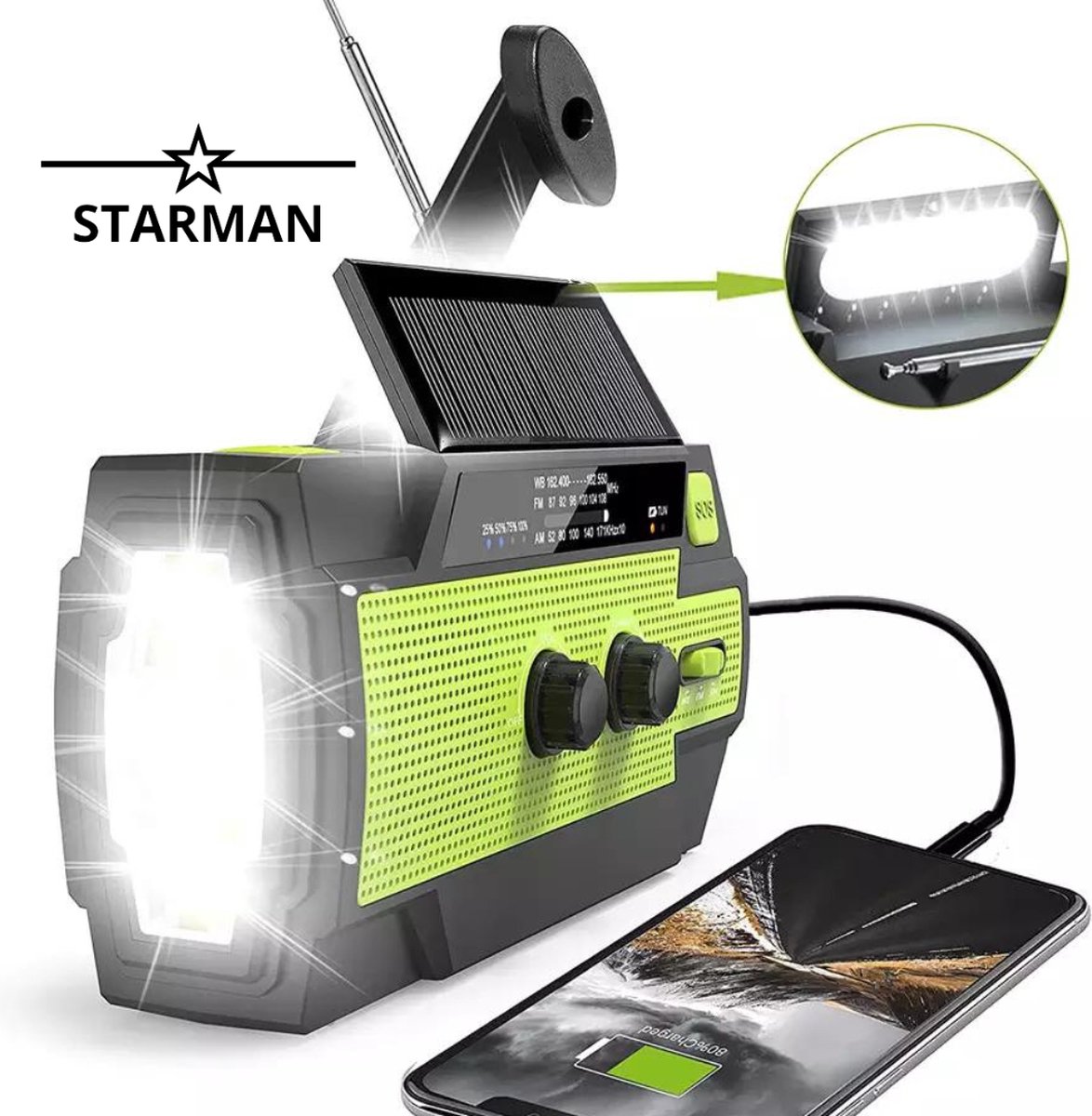 STARMAN Noodradio - Opwindbare radio - Noodradio dynamo solar - Noodradio opwindbaar - Noodradio zaklamp/Powerbank - Survival radio - Inclusief opbergzak - Groen