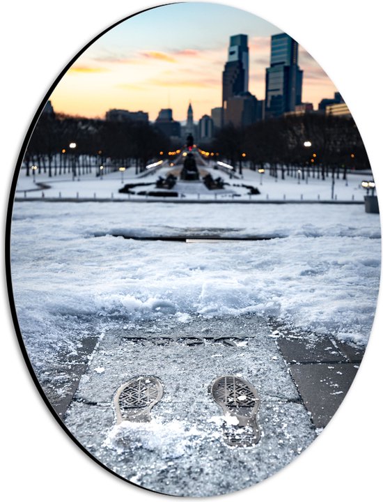 WallClassics - Dibond Ovaal - Bevroren Sneeuw in Stad - 21x28 cm Foto op Ovaal (Met Ophangsysteem)