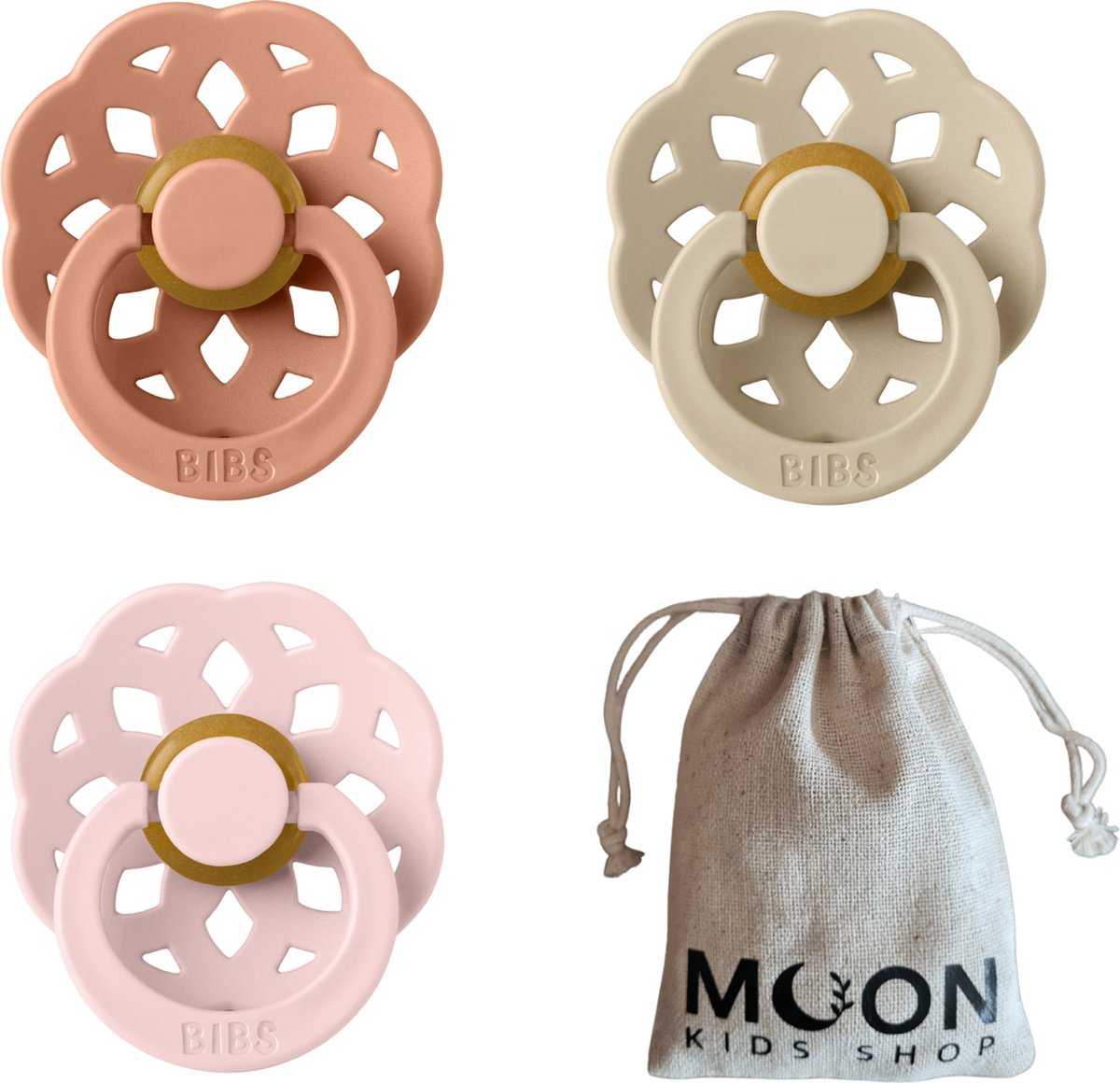 Goedkoopste BIBS Boheme set | Peach, Blossom, Vanilla | Met speenzakje Moon Kids Shop | Maat 2 | Leeftijd 6 tot 18 maanden
