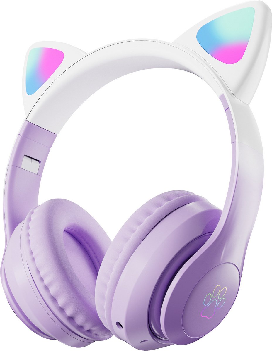 Pro-Care Excellent Quality ™ CAT Wireless Dual Bluetooth over-ear Headset met RGB LED verlichting - HD Microfoon - Active Noise Reduction - Met Radio en TF card Slot - Kleur Paars