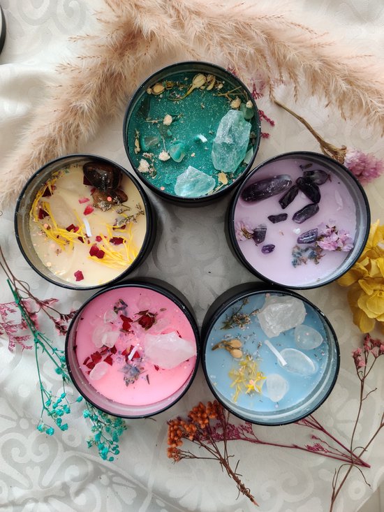 Casa Cahya Kristallen and Droge bloemen | Blik | Aroma | Set van 2 | Luxe Kaarsen | Decoratief | Soja Wax | Geurend