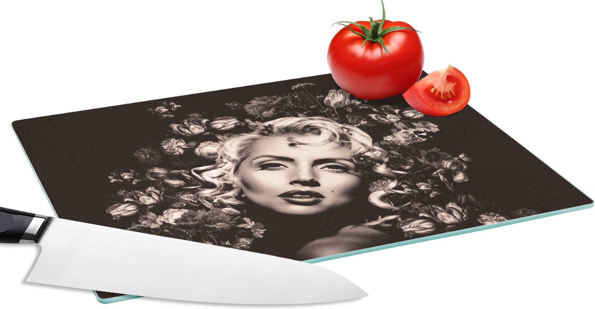 Glazen Snijplank - 28x20 - Vrouw - Zwart - Wit - Bloemen - Snijplanken Glas