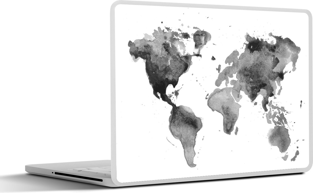 Laptop sticker - 14 inch - Wereldkaart - Waterverf - Zwart - Wit - Kinderen - Jongens - Meisjes - 32x5x23x5cm - Laptopstickers - Laptop skin - Cover