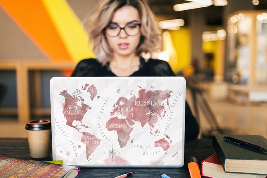 Sticker pour ordinateur portable - 15,6 pouces - Wereldkaart - Peinture - Rose