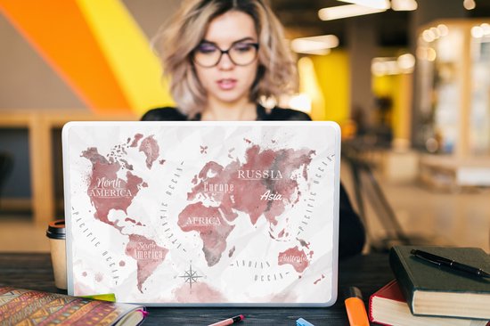 Sticker ordinateur portable - 17,3 pouces - Wereldkaart - Peinture - Rose