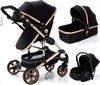 Luxe Kinderwagen 3 in 1 - Wandelwagen - Kinderwagen 3-in-1 incl autostoel - Kinderwagen – Buggy 3 in 1 - Newborn - Zwart/goud