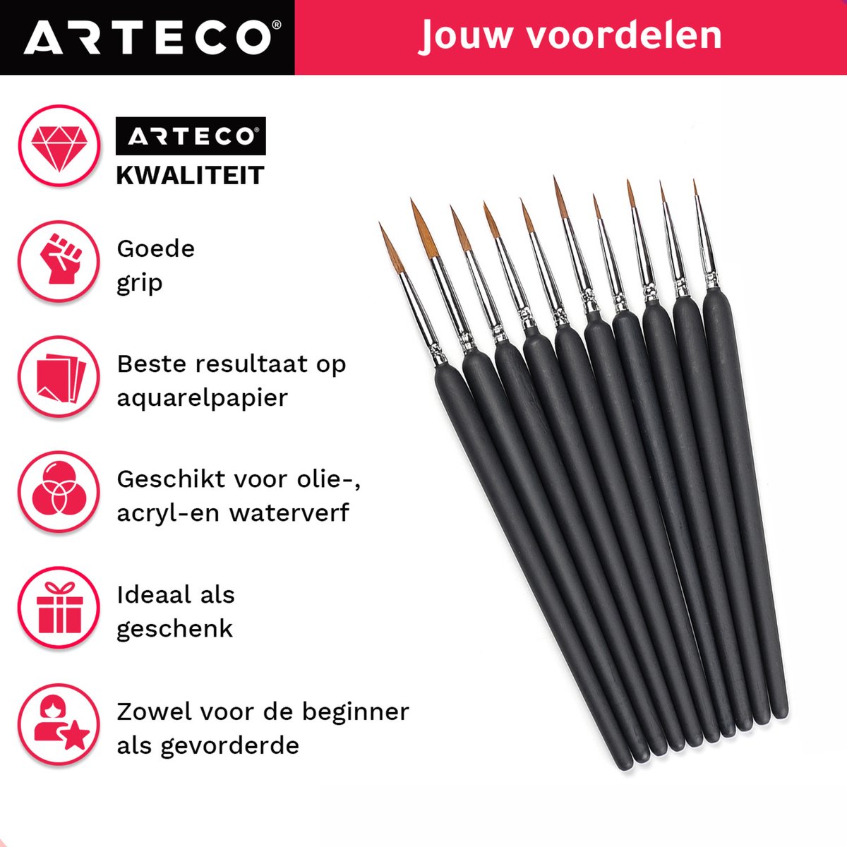 ARTECO® 10 Fijne Penselen - Penselenset - Penselen - Kwasten – Kalligrafie, Schilderen op Nummer, Miniatuur — afbeelding 9