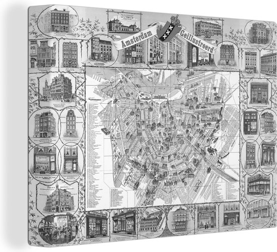 Un plan de ville historique et détaillé d'Amsterdam en noir et blanc - Carte 80x60 cm - Tirage photo sur toile (décoration murale salon / chambre)