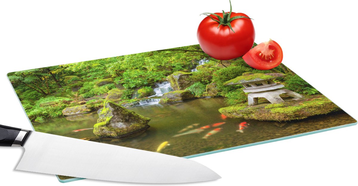 Glazen Snijplank - 28x20 - Waterval - Koi - Japanse lantaarn - Mos - Water - Snijplanken Glas
