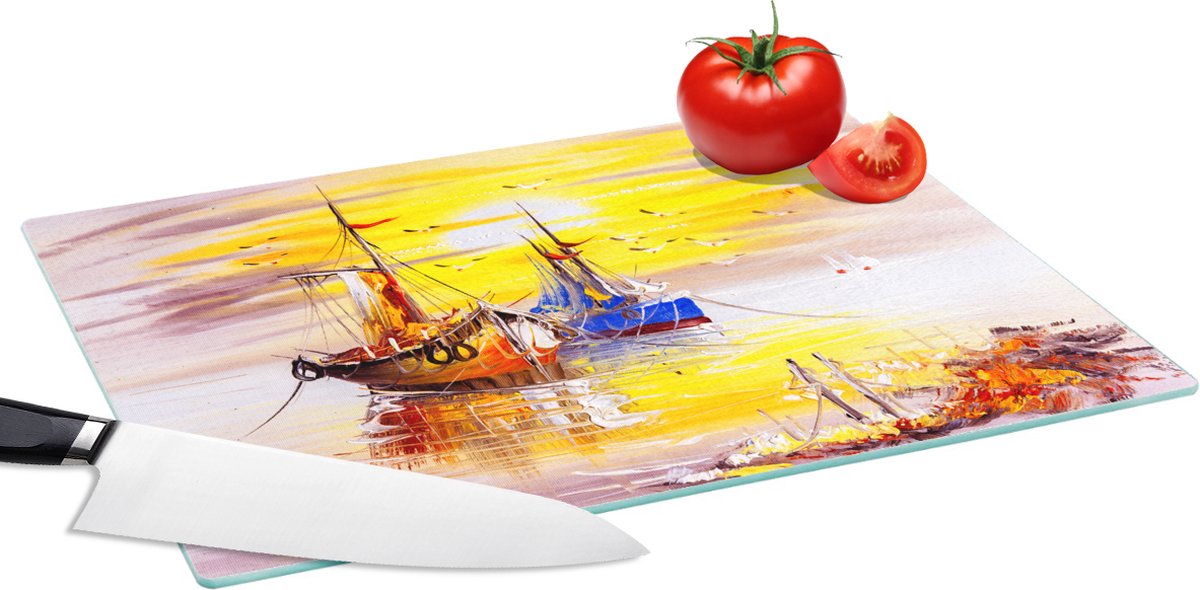 Glazen Snijplank - 39x28 - Schilderij - Boot - Water - Olieverf - Snijplanken Glas