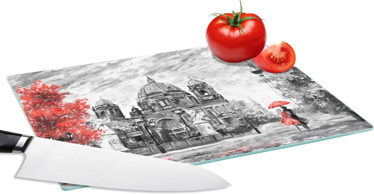 Glazen Snijplank - 28x20 - Schilderij - Architectuur - Boom - Rood - Snijplanken Glas