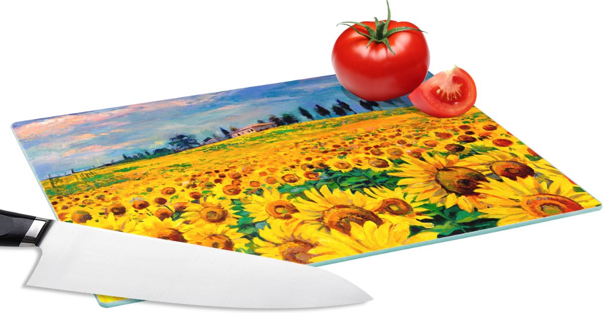 Glazen Snijplank - 28x20 - Schilderij - Zonnebloem - Olieverf - Bloemen - Snijplanken Glas