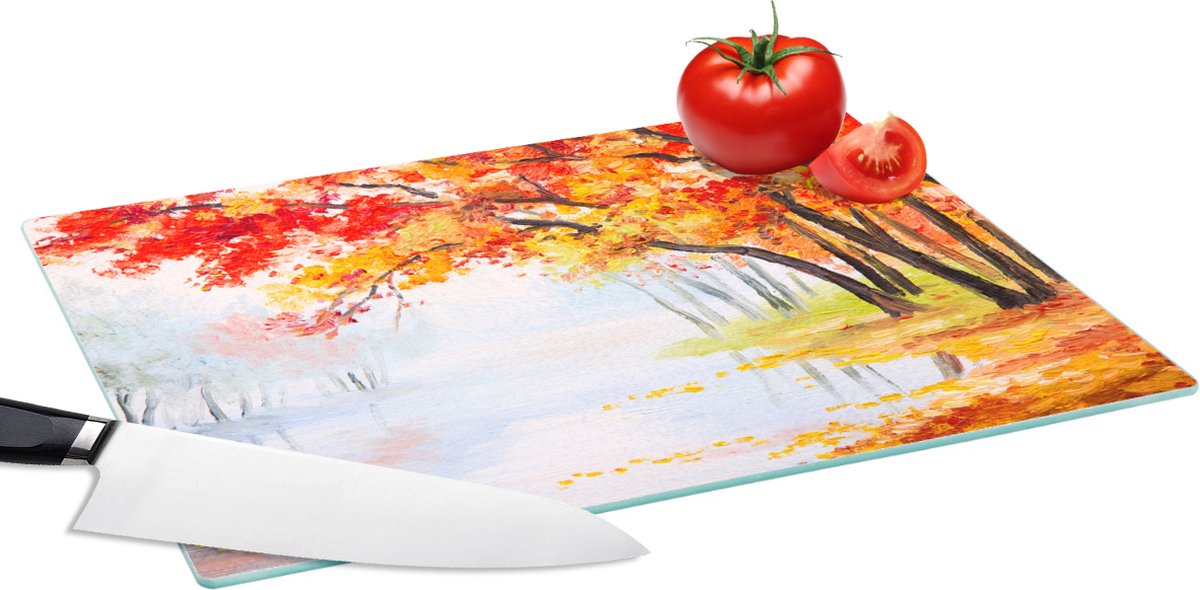Glazen Snijplank - 39x28 - Schilderij - Herfst - Bomen - Water - Olieverf - Snijplanken Glas