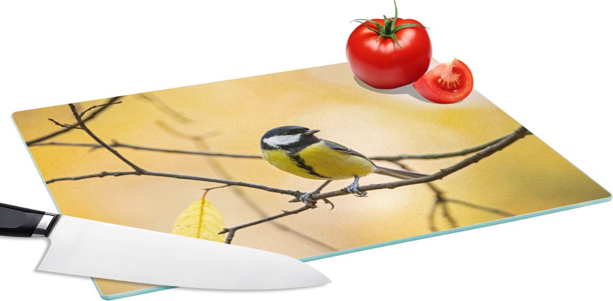 Glazen Snijplank - 39x28 - Koolmees - Tak - Vogel - Dieren - Snijplanken Glas