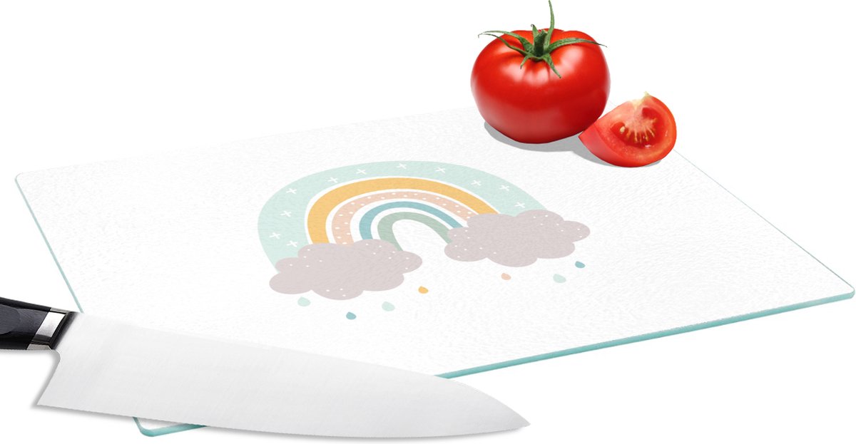 Glazen Snijplank - 28x20 - Regenboog - Wolken - Regen - Kinderen - Pastel - Snijplanken Glas