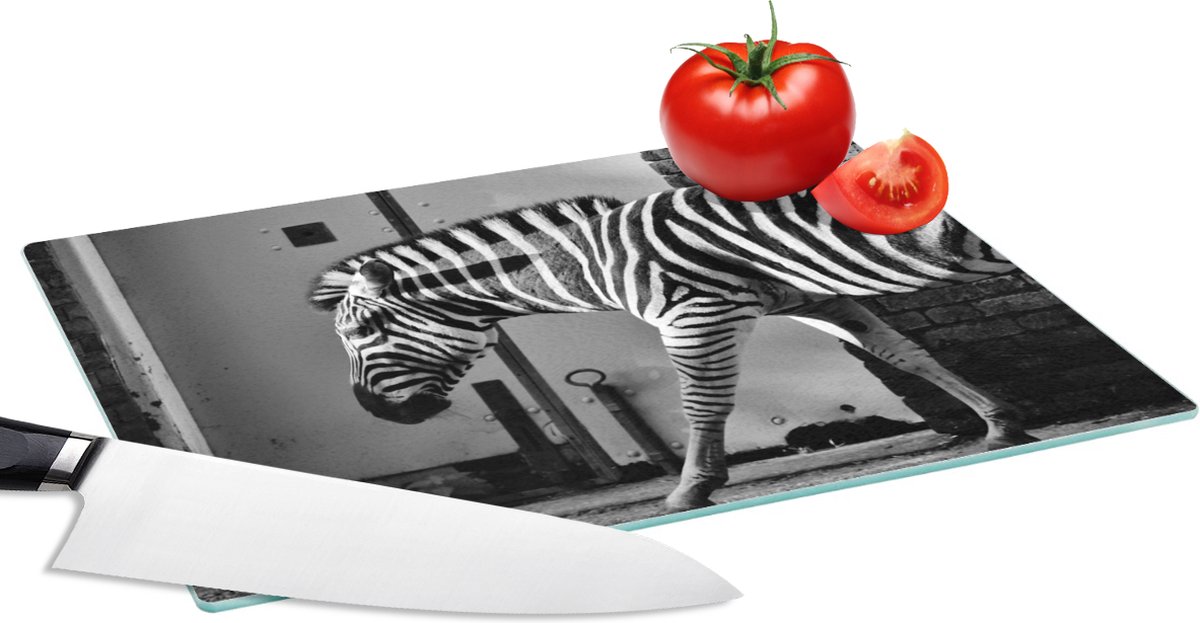 Glazen Snijplank - 28x20 - Zebra - Muur - Deur - Dieren - Zwart wit - Snijplanken Glas