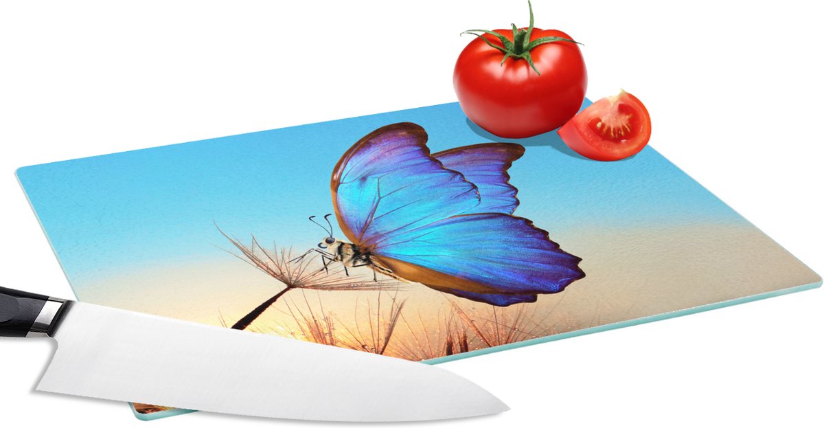 Glazen Snijplank - 28x20 - Vlinder - Paardebloem - Blauw - Snijplanken Glas