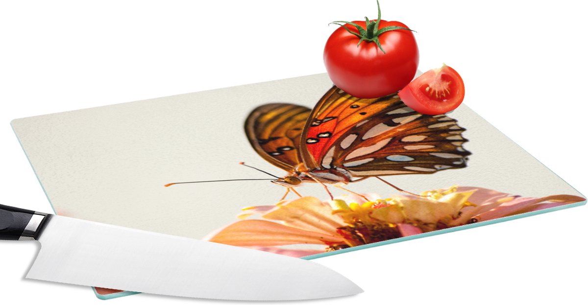 Glazen Snijplank - 28x20 - Vlinder - Oranje - Bloem - Insecten - Snijplanken Glas