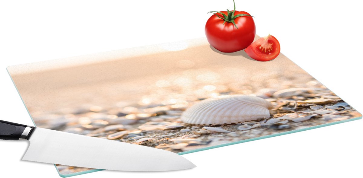 Glazen Snijplank - 39x28 - Schelpen - Wit - Strand - Zomer - Snijplanken Glas