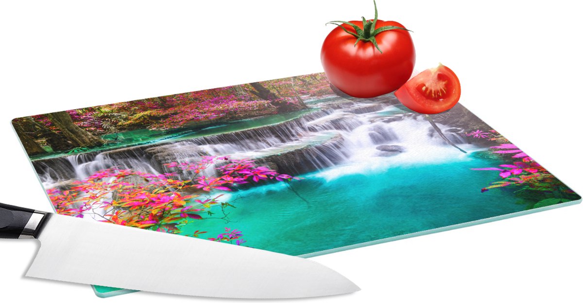 Glazen Snijplank - 28x20 - Waterval - Zon - Bomen - Regenboog - Natuur - Snijplanken Glas