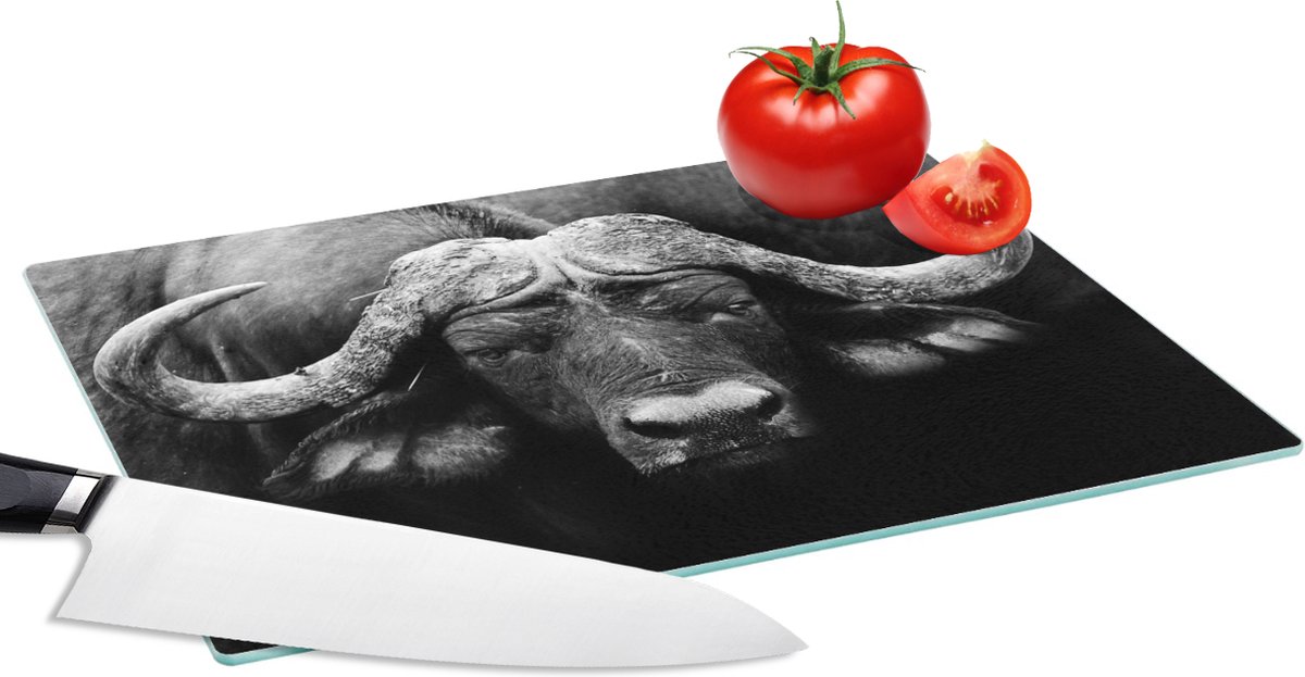 Glazen Snijplank - 28x20 - Dieren - Buffalo - Zwart - Wit - Portret - Snijplanken Glas