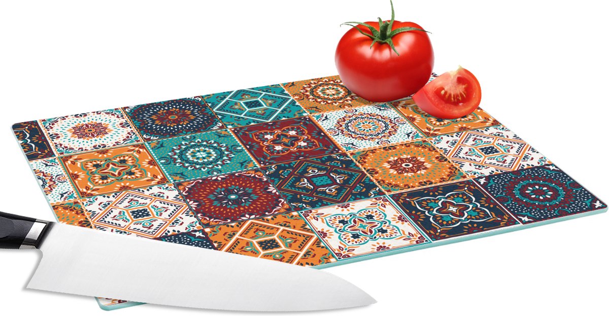 Glazen Snijplank - 28x20 - Retro - Bladeren - Design - Oranje - Bruin - Snijplanken Glas