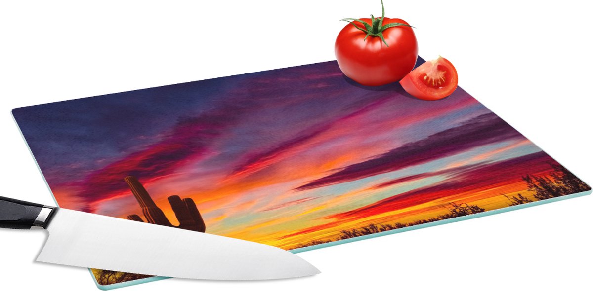 Glazen Snijplank - 39x28 - Cactus - Lucht - Zonsondergang - Paars - Roze - Snijplanken Glas