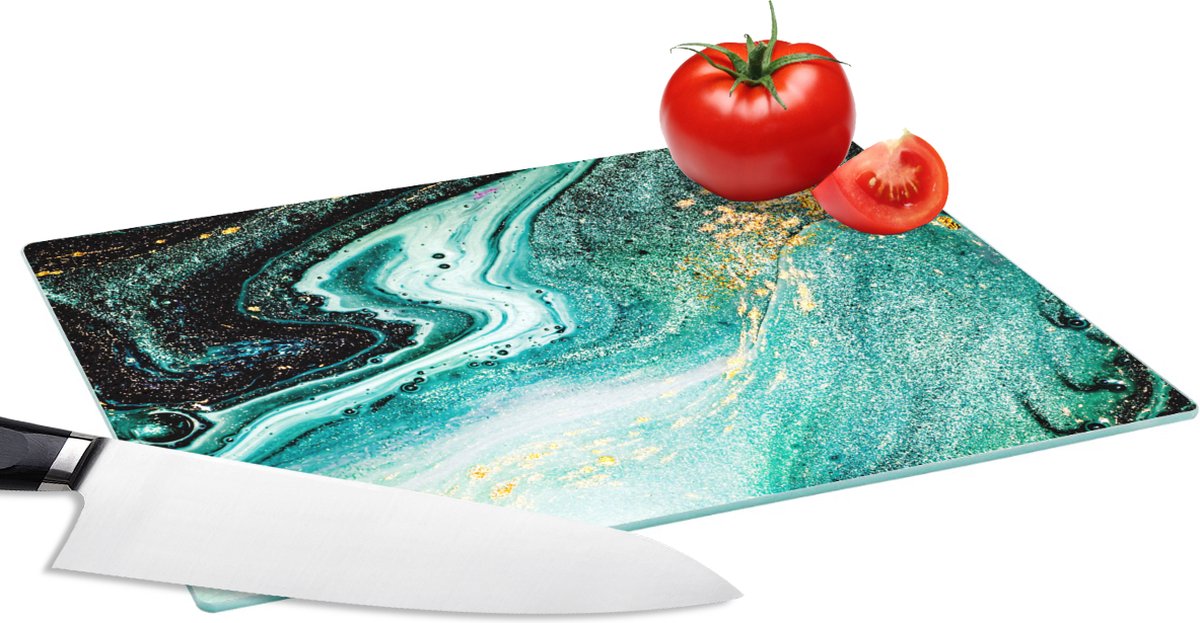 Glazen Snijplank - 28x20 - Marmerlook - Blauw - Goud - Glitter - Luxe - Marmer - Snijplanken Glas