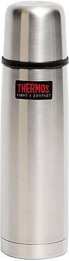 Zilverkleurige Thermos Light & Compact isoleerfles met rood Thermos-logo.
