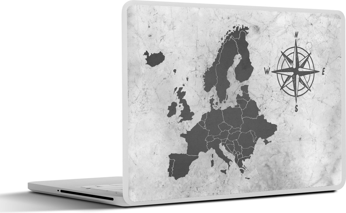Laptop sticker - 15.6 inch - Vintage Europakaart met grote windroos - zwart wit - 36x27,5cm - Laptopstickers - Laptop skin - Cover