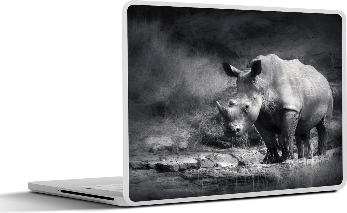 Laptop sticker - 14 inch - Neushoorn - Natuur - Gras - Zwart - Wit - 32x5x23x5cm - Laptopstickers - Laptop skin - Cover