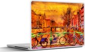 Laptop sticker - 11.6 inch - Schilderij - Fiets - Amsterdam - Gracht - Olieverf - 30x21cm - Laptopstickers - Laptop skin - Cover