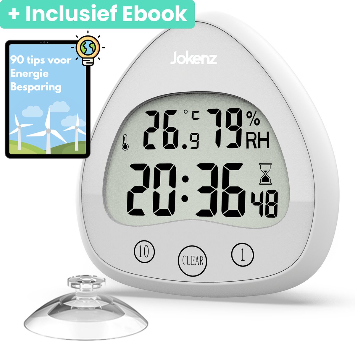 Jokenz® Douchetimer met hygrometer en temperatuurmeter - Douchewekker waterdicht - Badkamerklok met zuignap - Douche klok - Douche timer - Inclusief E-book- WIT