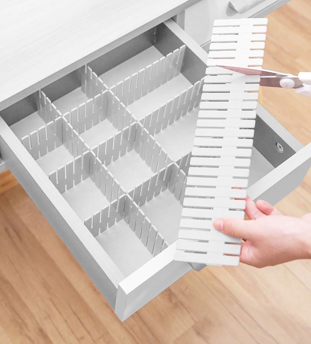 BukkitBow – Aanpasbare Ladeverdeler – Kastlade Verdeler voor opbergen van Sokken / Ondergoed / Riemen / BH’s / Stropdassen en Cosmetica – Op Maat Te Maken Opbergsysteem – Set van 4 Stuks