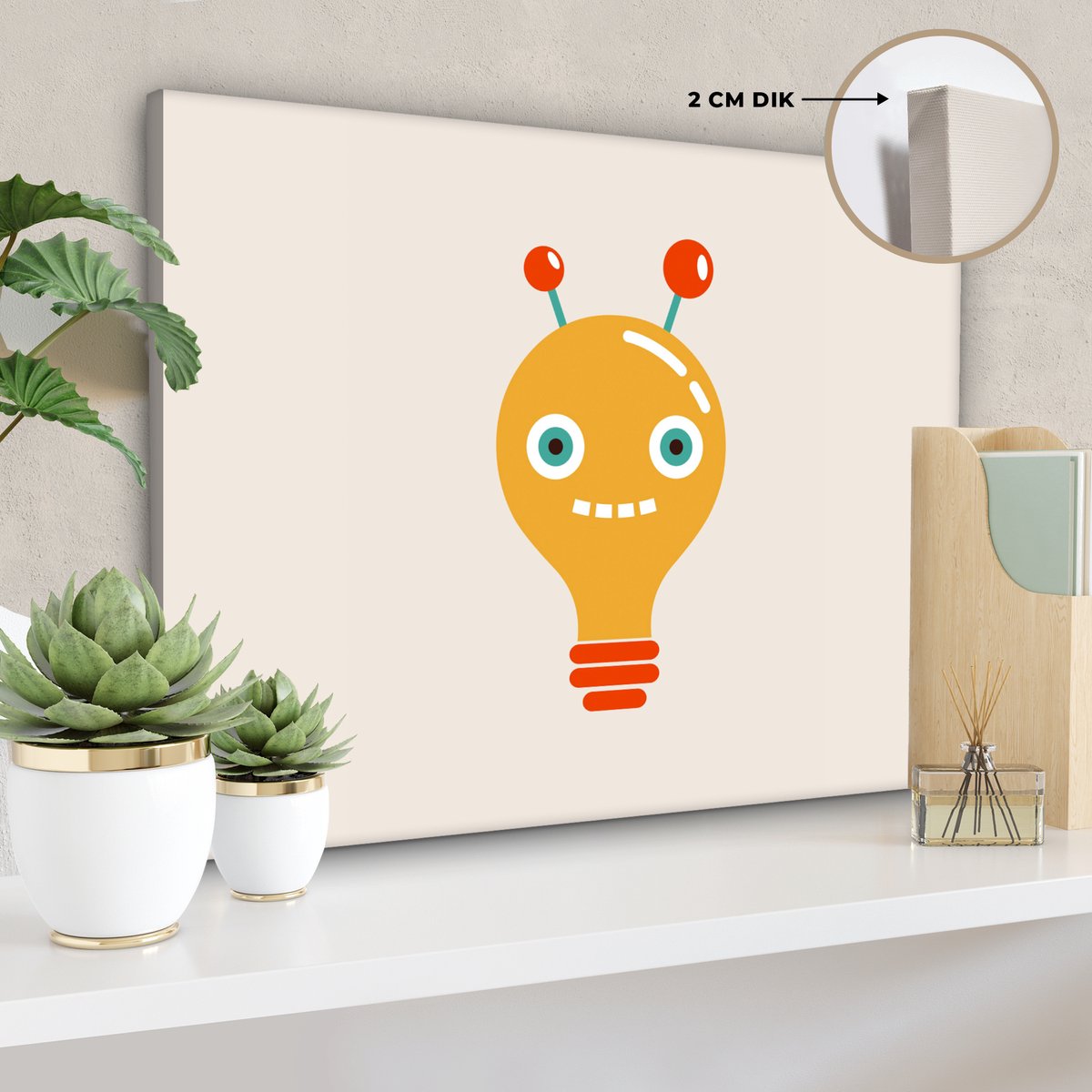 Canvas schilderij 40x30 cm - Wanddecoratie Robot - Gloeilamp - Gezicht - Antenne - Kindere