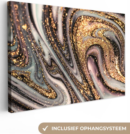 Canvas schilderij - Marmer goud 60x40 - Kamer decoratie accessoires - Abstracte gouden schilderijen woonkamer - Wanddecoratie slaapkamer - Muurdecoratie keuken - Wall decoration - Wanddoek binnen - Woondecoratie huis - Woonaccessoires