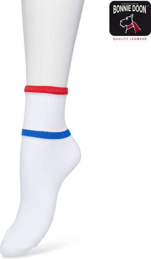 Bonnie Doon Sportieve Dames Sokken maat 36/42 Wit met Rood en Blauw - Met Rib Detail en Bies - Zeer zacht - Vochtregulerend - Sporty Micro Sock - Platte naden - Uitstekend Draagcomfort - Sportief - White/Red - BP221429.393