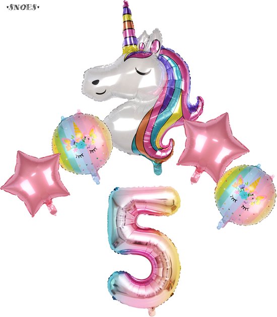 * Snoes * Unicorn * Eenhoorn  Licht Roze* Set van 6 Ballonnen XL * Unicorn Nummer 5 * Vijfde verjaardag * Hoera 5 Jaar * Birthday * * Ballon Cijfer 5