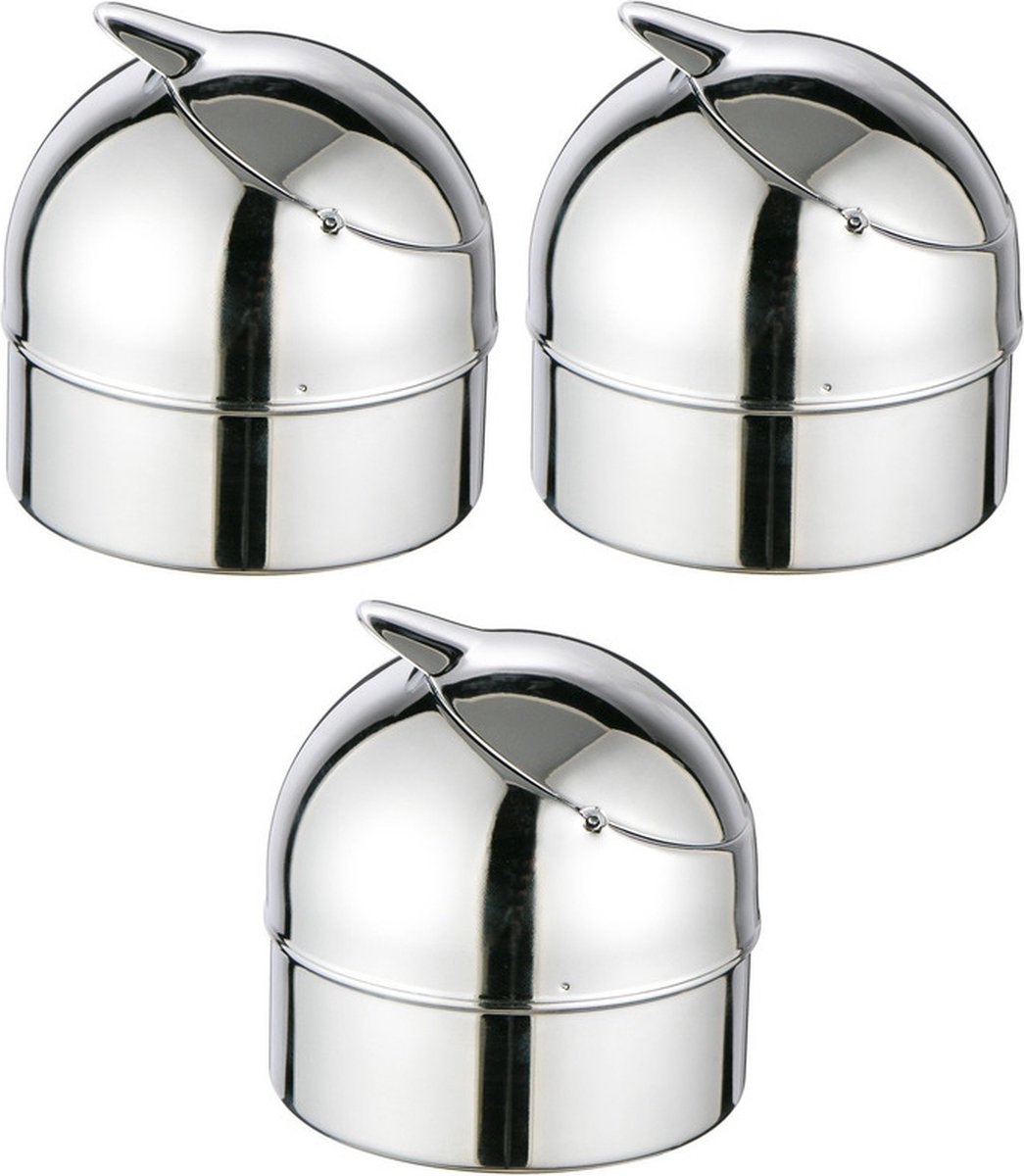 Goedkoopste Klep asbak - 3x - zilver - metaal - 9 cm - terrasasbak - stormasbak