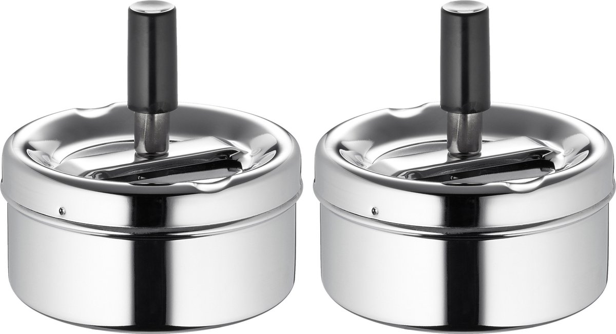 Goedkoopste 2x Draaiasbakken/drukasbakken verchroomd 9 cm - Terrasasbak/tafelasbak/draaiasbak/drukasbak asbak - Rokersbenodigdheden - Rookaccessoires