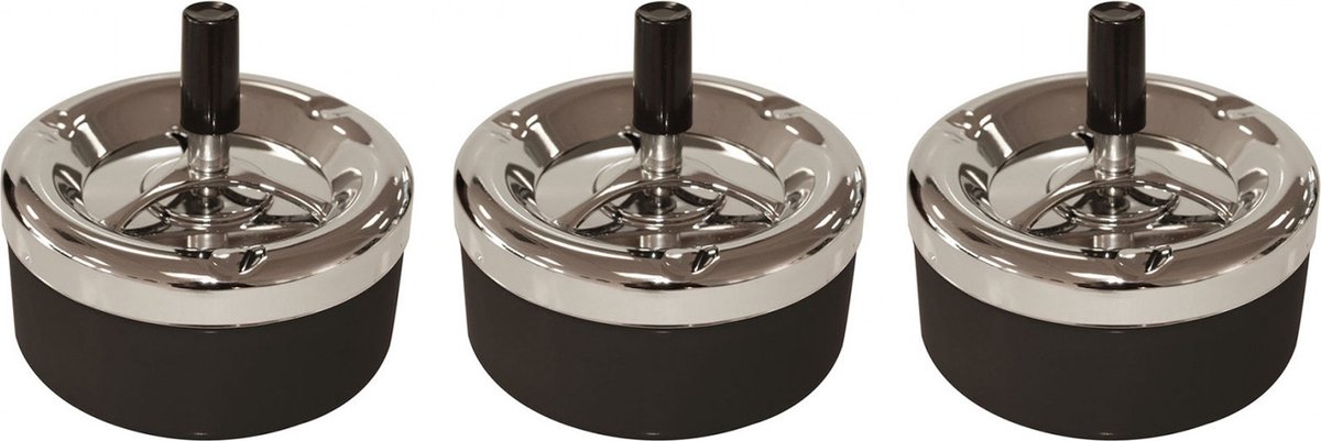 Goedkoopste Draai asbak - 3x stuks - zwart chroom - 11,5 cm - draai asbak - drukasbak - Terrasasbak/tafelasbak