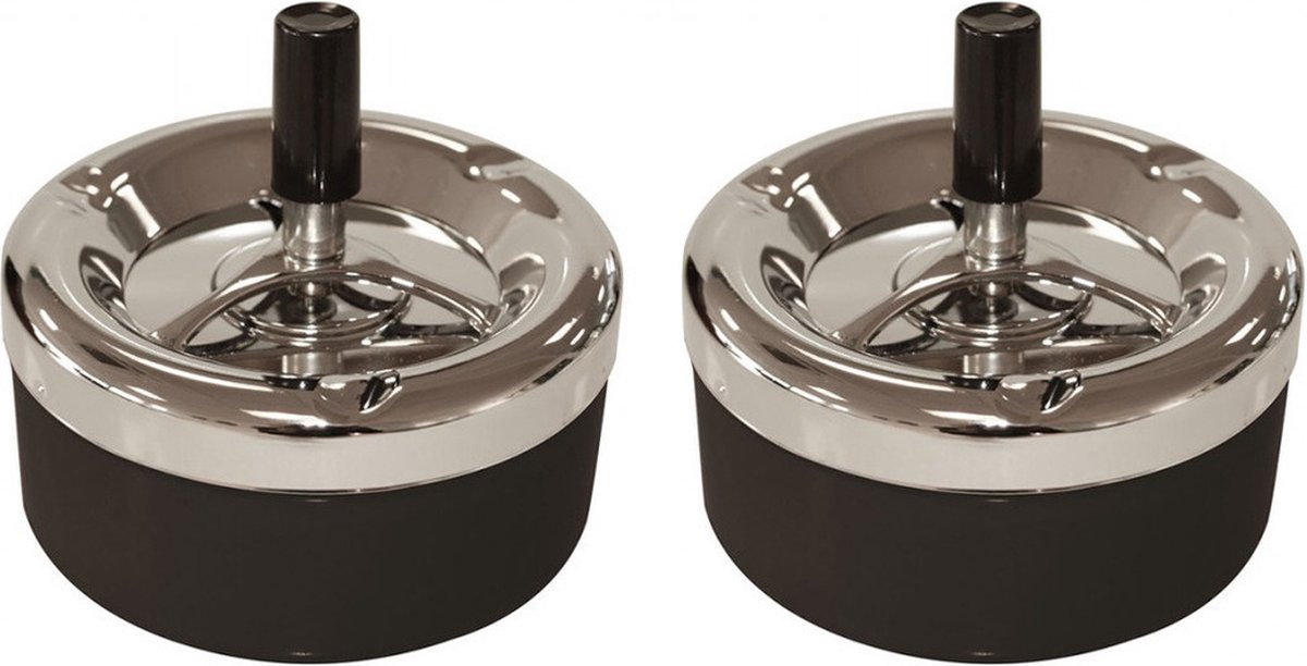 Goedkoopste Draai asbak - 2x stuks - zwart chroom - 11,5 cm - draai asbak - drukasbak - Terrasasbak/tafelasbak