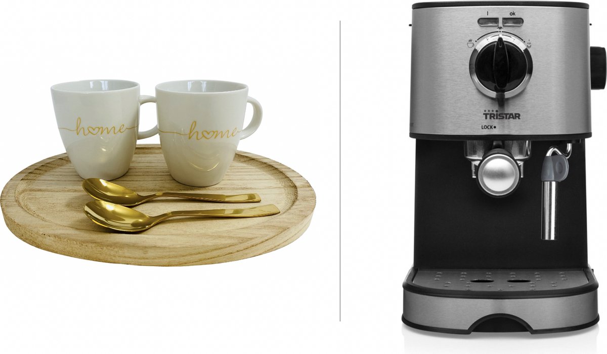 Tristar Espressomachine (CM-2275) + houten serveerplankje + 2 koffiekopjes beige + 2 koffielepeltjes