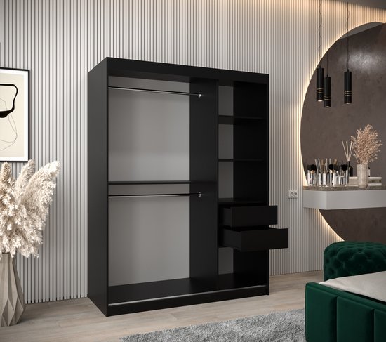 InspireMe - Armoire avec 2 portes coulissantes, Style moderne, Une armoire avec des étagères et un miroir (LxHxP): 150x200x62 - TOTO 150 Zwart Mat avec 2 tiroirs